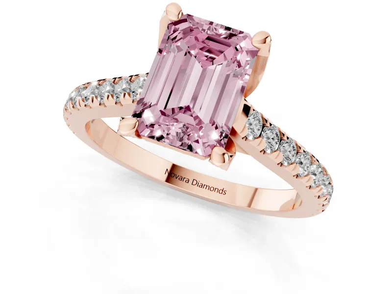 Fancy Pink Emerald Cut Diamond Solitaire Ring Set in Rose gold with Brilliant Pavé Band and Prong Setting