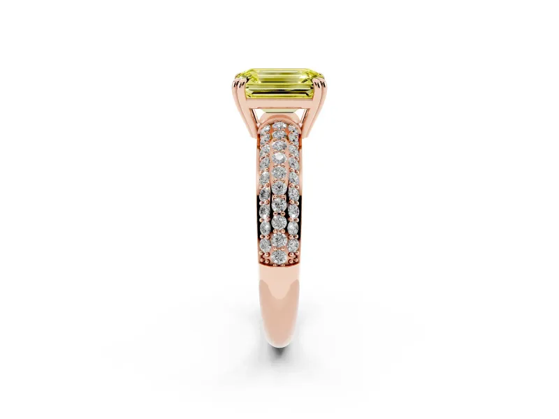Emerald Cut Three Row Pave Engagement Ring Setting for a Fancy Yellow Lab-Grown Diamond | Rose Gold
