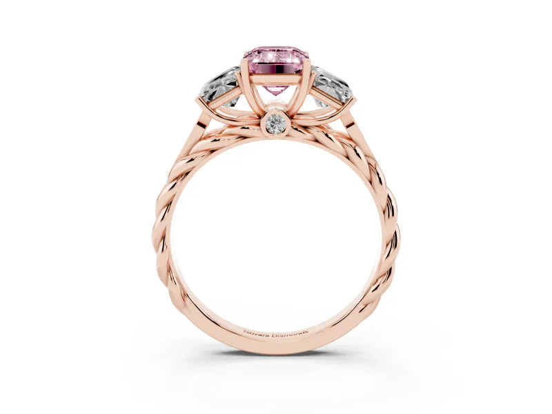 Fancy Pink Emerald Cut Diamond Three-Stone Ring Set in Rose gold with Braided Band