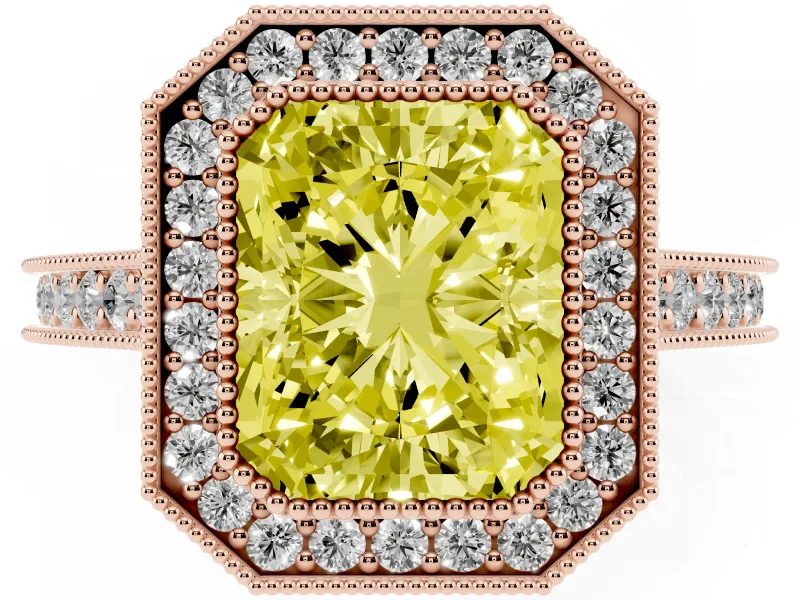 Radiant Cut Vintage Milgrain Halo Engagement Ring Setting for a Fancy Yellow Lab-Grown Diamond | Bezel Head | Rose Gold