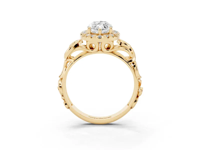 Marquise Cut Diamond Halo Ring Set in Yellow gold with Scrollwork Band and Prong Setting