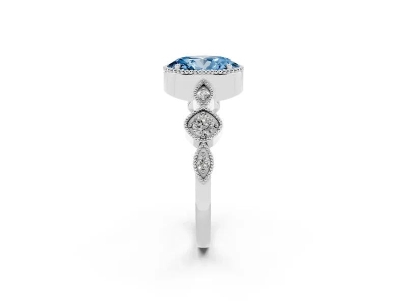 Fancy Blue Oval Cut Diamond Vintage-Inspired Milgrain Ring Set in White gold with Marquise Stations of Round Accents