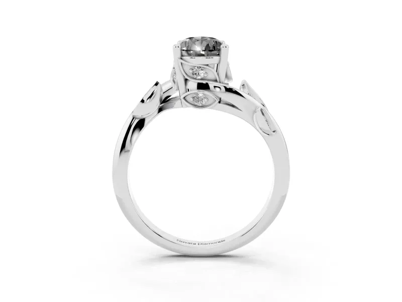 Fancy Black Pear Cut Diamond Solitaire Twist Engagement Ring Set in White gold with Pavé Leaf Accents
