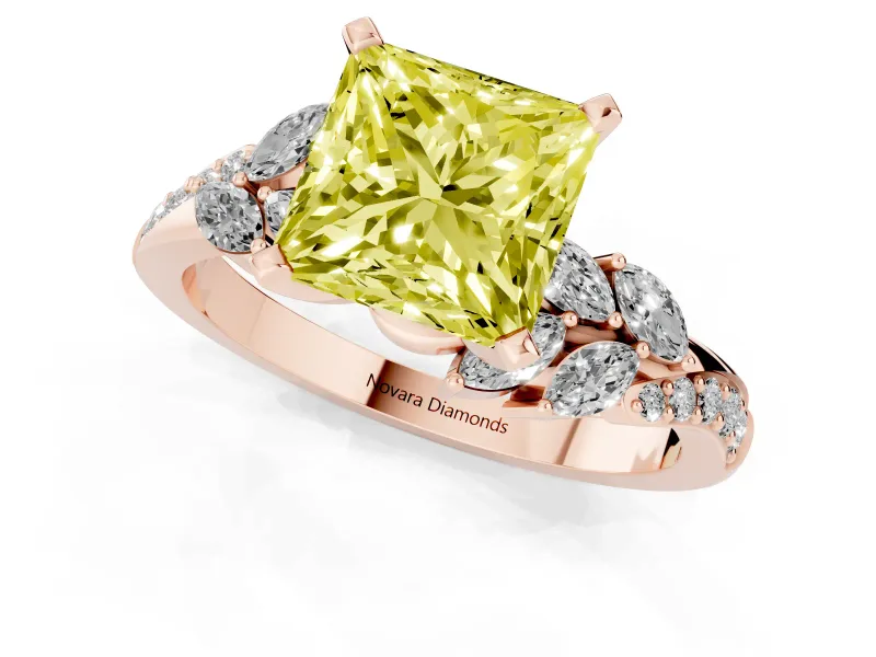 Fancy Yellow Princess Cut Diamond Solitaire Ring Set in Rose gold with Marquise Twist Band and Prong Setting
