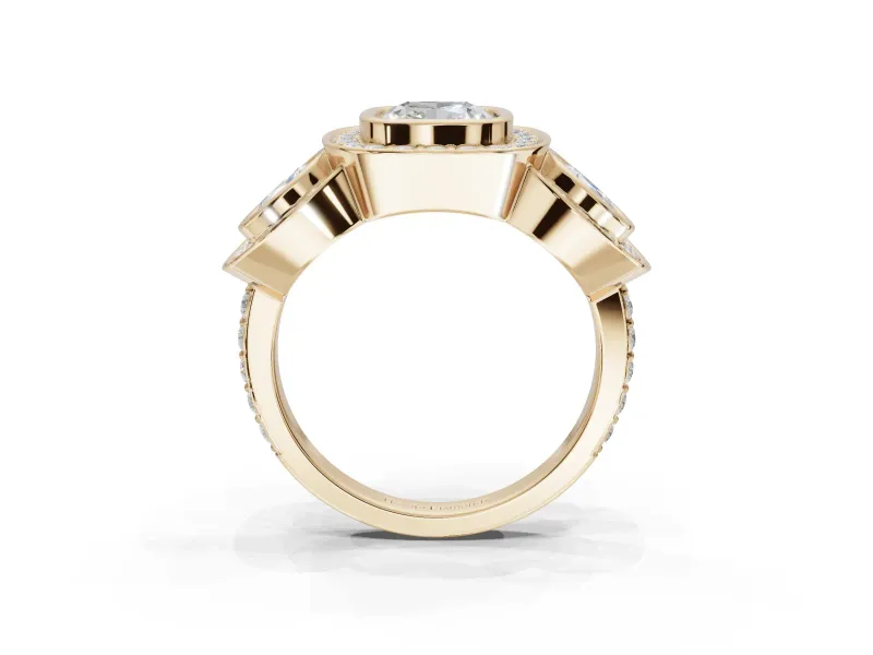 Cushion Cut Three Stone Halo Engagement Ring Setting | Bezel Set | Yellow Gold