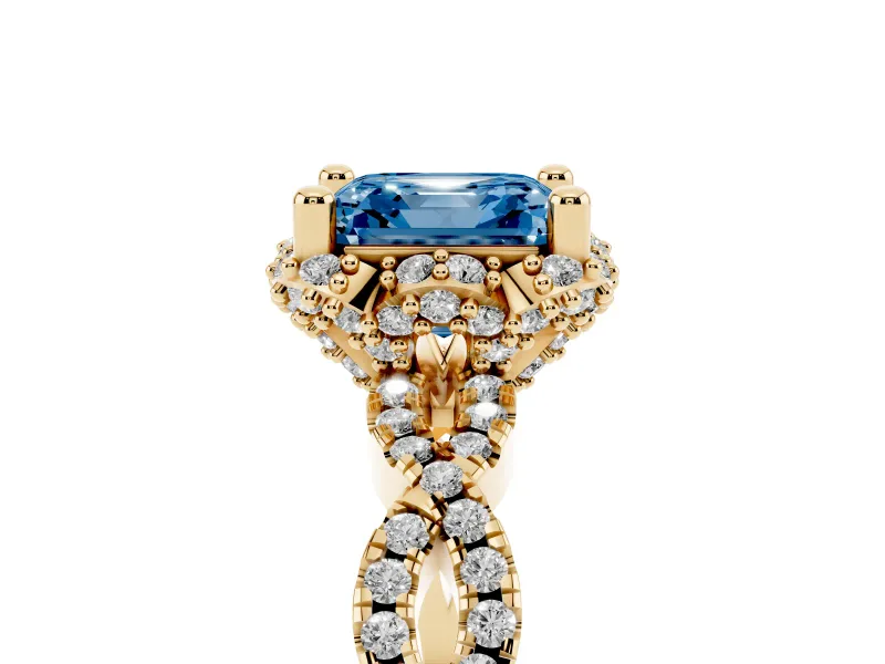 Asscher Cut Milgrain Halo Engagement Ring Setting for a Fancy Blue Lab-Grown Diamond | Graduated Shoulders | Yellow Gold