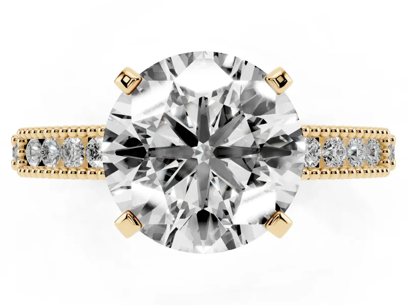 Round Vintage Pavé Solitaire Engagement Ring Setting | Milgrain Edges | Yellow Gold
