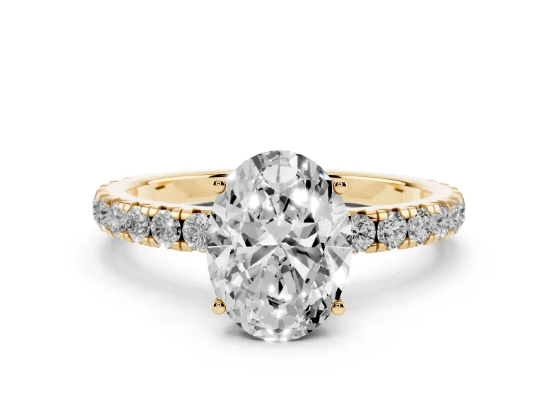 Oval Cut Diamond Pavé Solitaire Engagement Ring Set in Yellow gold with Prong Setting