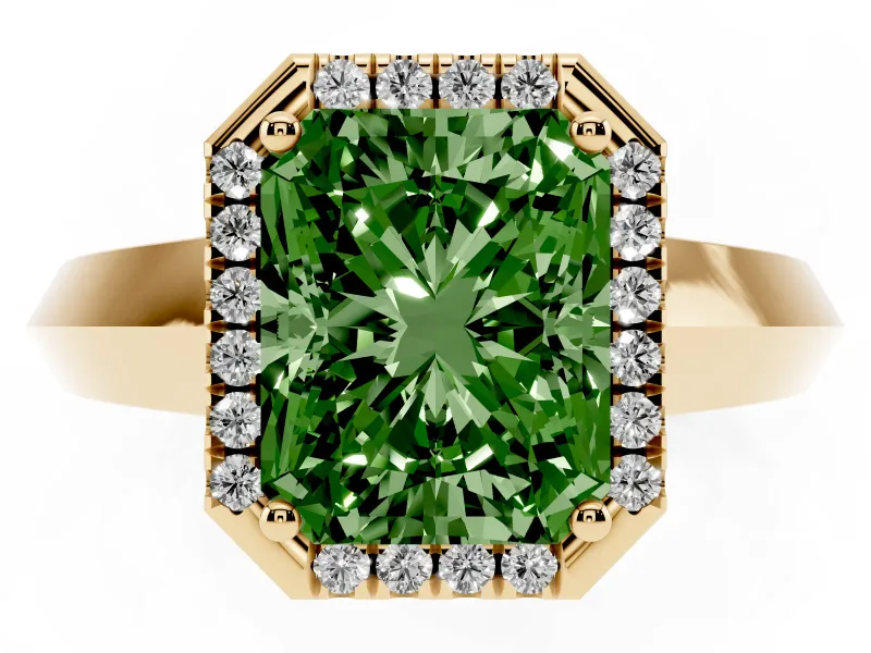 Radiant Cut Halo Engagement Ring Setting for a Fancy Green Lab-Grown Diamond | Yellow Gold