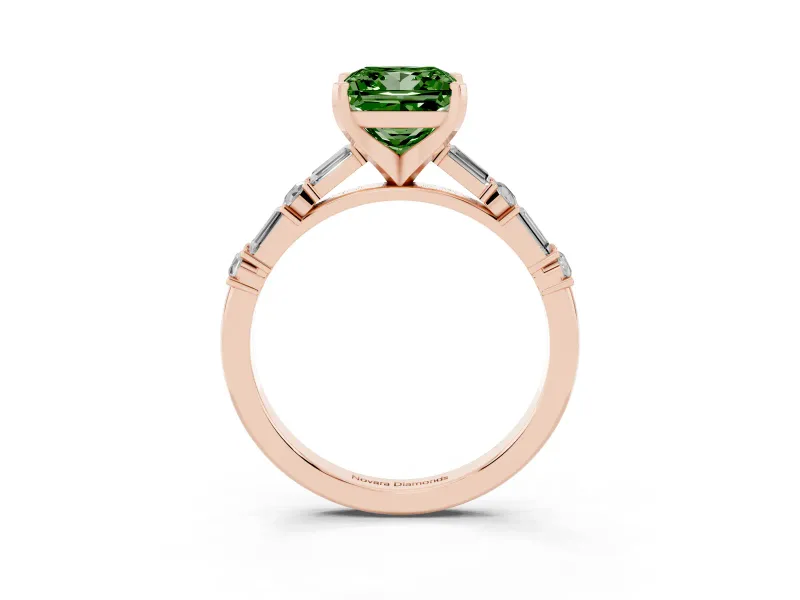 Fancy Green Princess Cut Diamond Solitaire Set in Rose gold with Side Baguettes and Channel Set Band