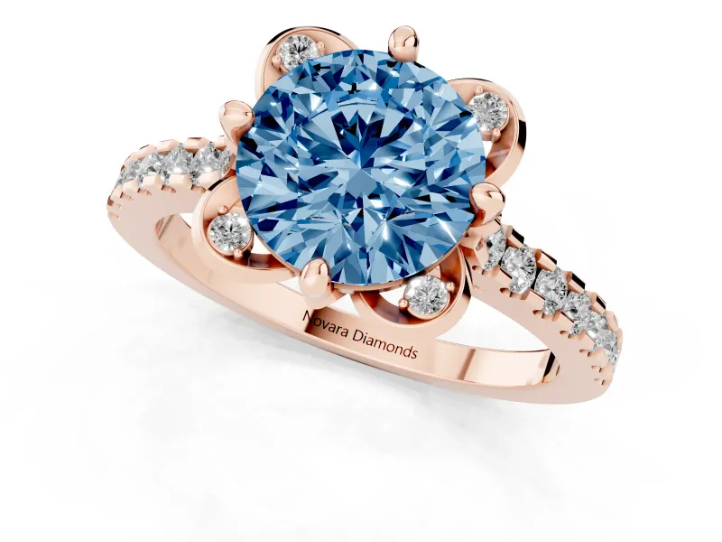 Round Floral Engagement Ring Setting for a Fancy Blue Lab-Grown Diamond | Pavé Band | Rose Gold