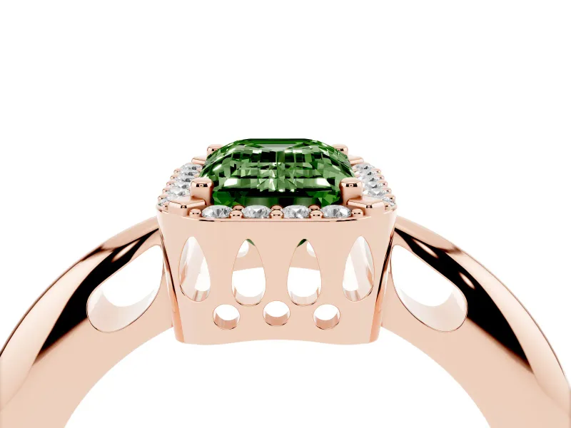 Fancy Green Emerald Cut Diamond Halo Engagement Ring Set in Rose gold with Plain Split Shank and Prong Setting