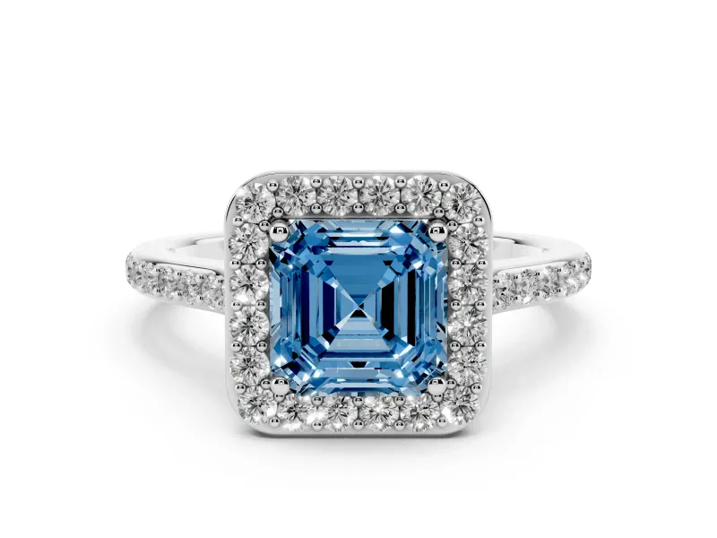 Fancy Blue Asscher Cut Diamond Halo Engagement Ring Set in White gold with Round Pavé Shoulders and Heart Gallery