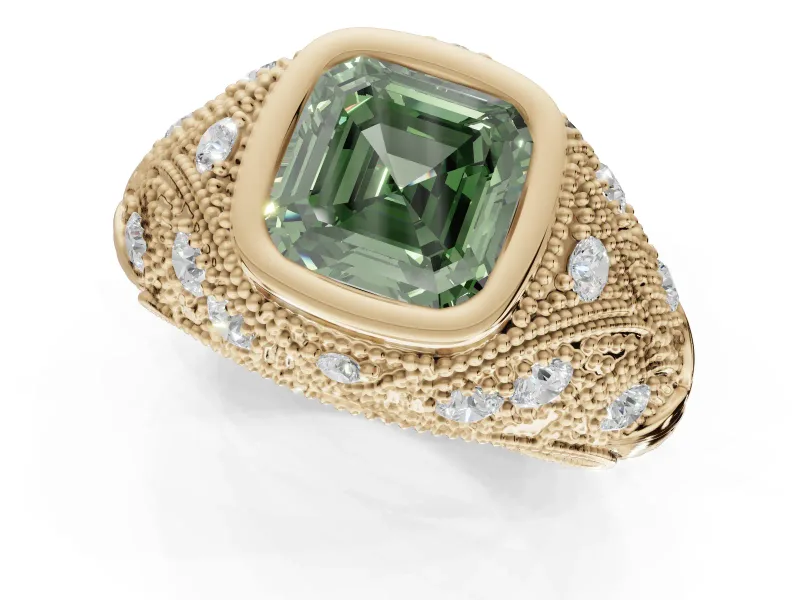 Asscher Cut Vintage Bezel Engagement Ring Setting for a Fancy Green Lab-Grown Diamond | Yellow Gold