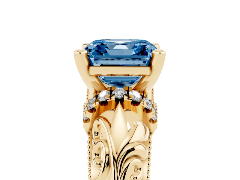 Asscher Cut Filigree Engagement Ring Setting for a Fancy Blue Lab-Grown Diamond | Yellow Gold