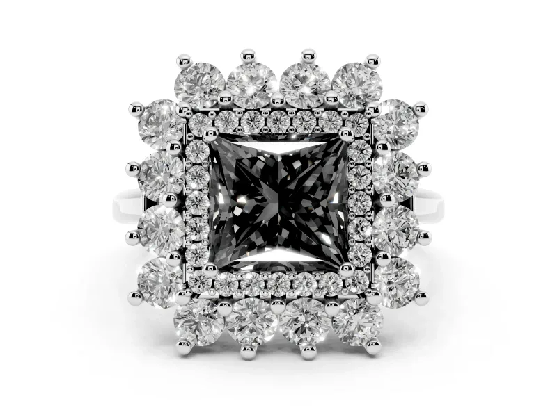 Fancy Black Princess Cut Diamond Floral Double Halo Ring Set in White gold with Round Petals