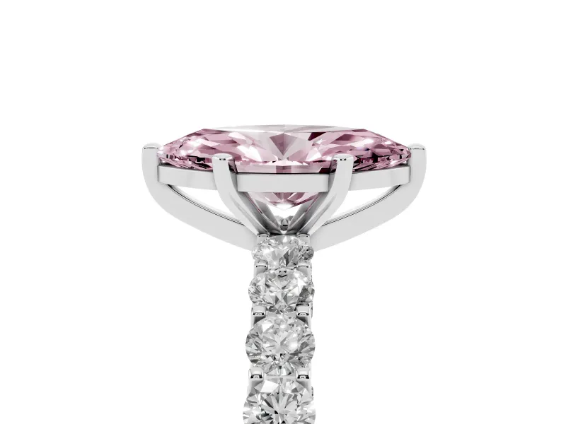 Fancy Pink Marquise Cut Diamond Solitaire Ring Set in White gold with Shared Prong Pavé Band