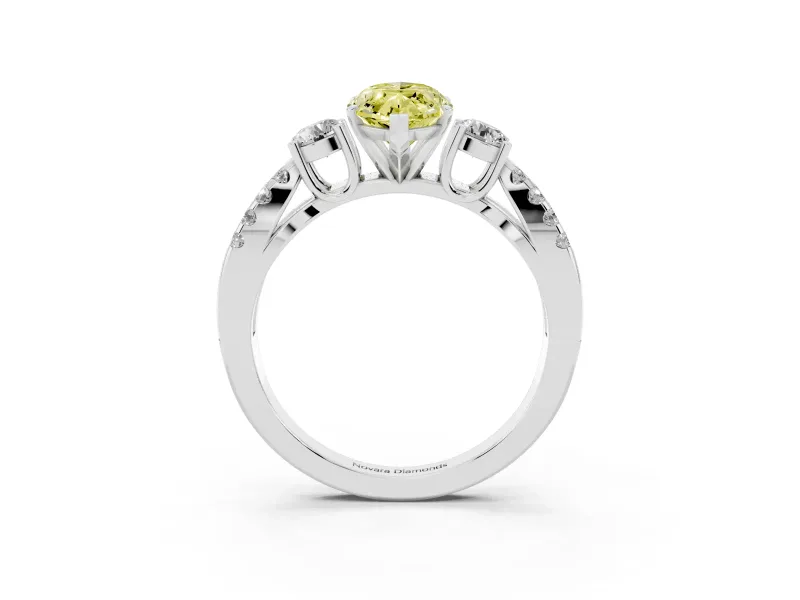 Fancy Yellow Marquise Cut Diamond Three-Stone Ring Set in White gold with Pavé Split Shank and Prong Setting