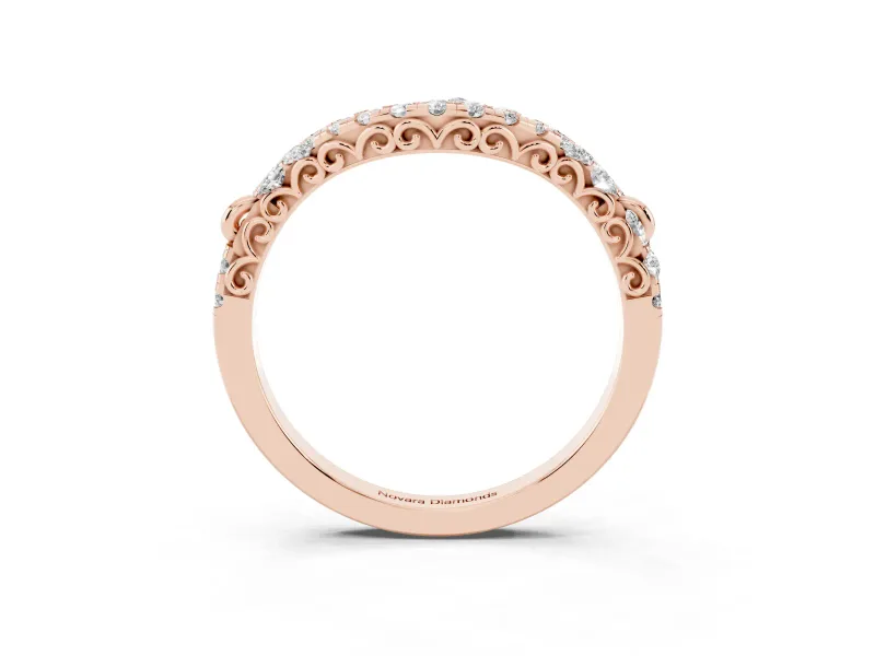 Round Diamond Curved Wedding Band Set in Rose gold with Pavé Shared Prong Setting