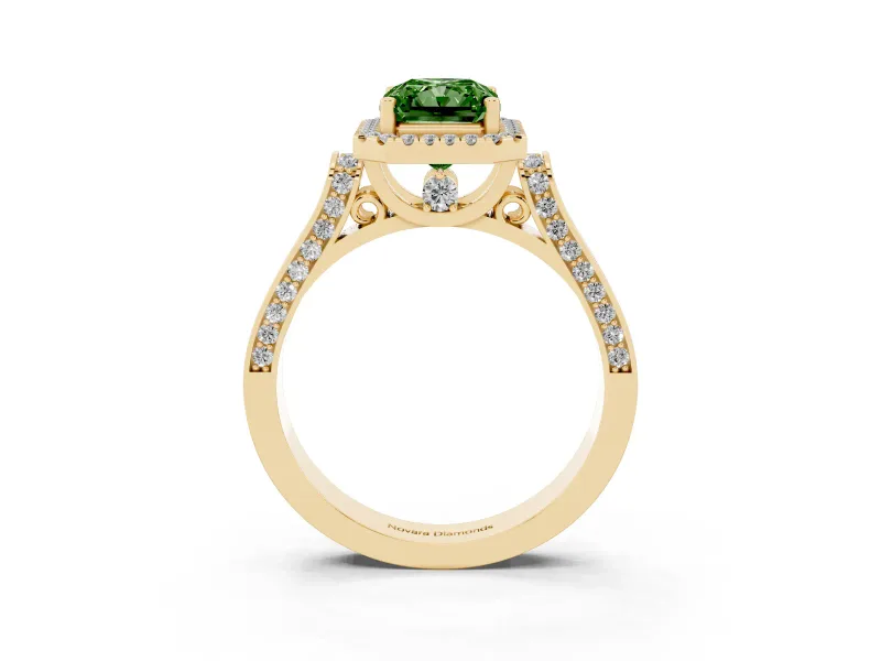 Radiant Cut Halo Engagement Ring Setting for a Fancy Green Lab-Grown Diamond | Pavé Panel Shoulders | Yellow Gold