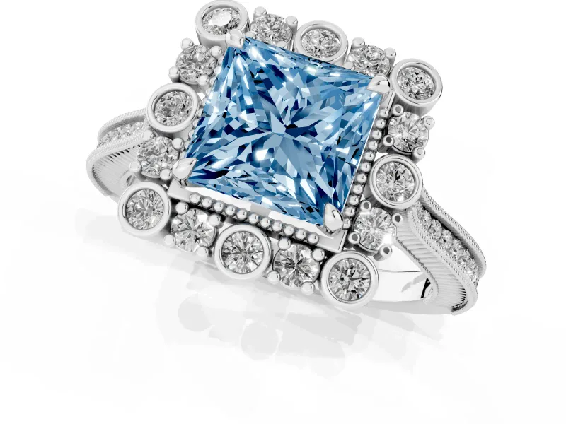 Princess Cut Scalloped Halo Engagement Ring Setting for a Fancy Blue Lab-Grown Diamond | Milgrain Edges | White Gold