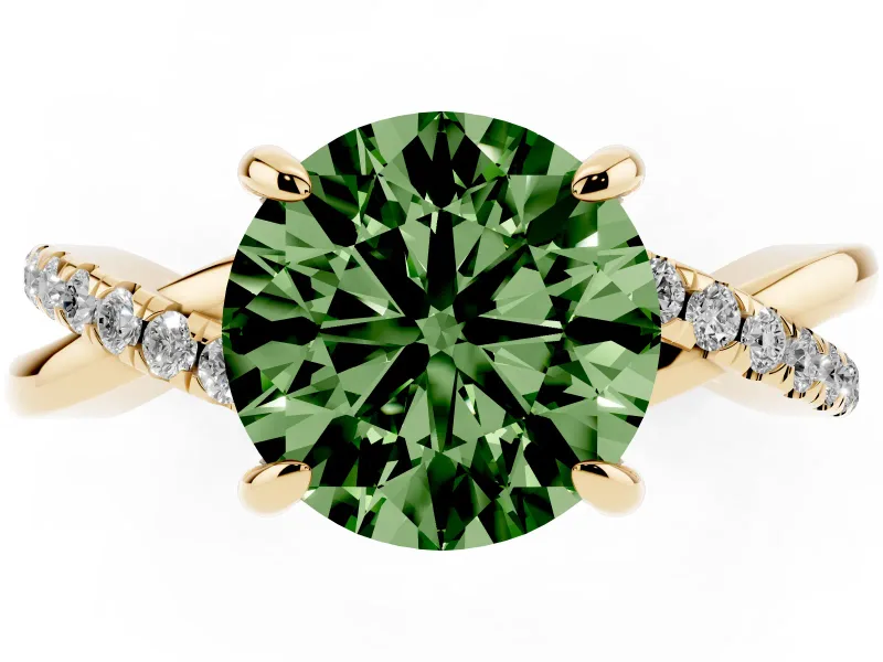 Fancy Green Round Cut Diamond Twist Band Solitaire Set in Yellow gold with Pavé Accents and Prong Setting
