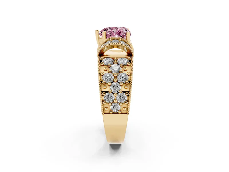 Heart-Shaped Vintage Pave Engagement Ring Setting for a Fancy Pink Lab-Grown Diamond | Milgrain Edges | Yellow Gold