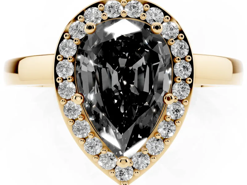 Fancy Black Pear Cut Diamond Halo Ring Set in Yellow gold with Solitaire Band and Prong Setting