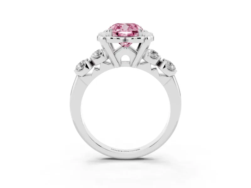 Cushion Cut Floral Engagement Ring Setting for a Fancy Pink Lab-Grown Diamond | Petal Frame and Side Stones | Platinum
