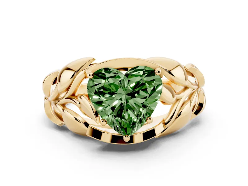 Fancy Green Heart Cut Diamond Leaf-Inspired Engagement Ring Set in Yellow gold with Round Accents