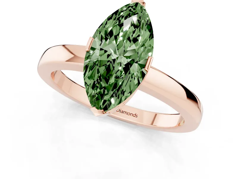 Fancy Green Marquise Cut Diamond Solitaire Ring Set in Rose gold with Prong Head and Smooth Polished Band