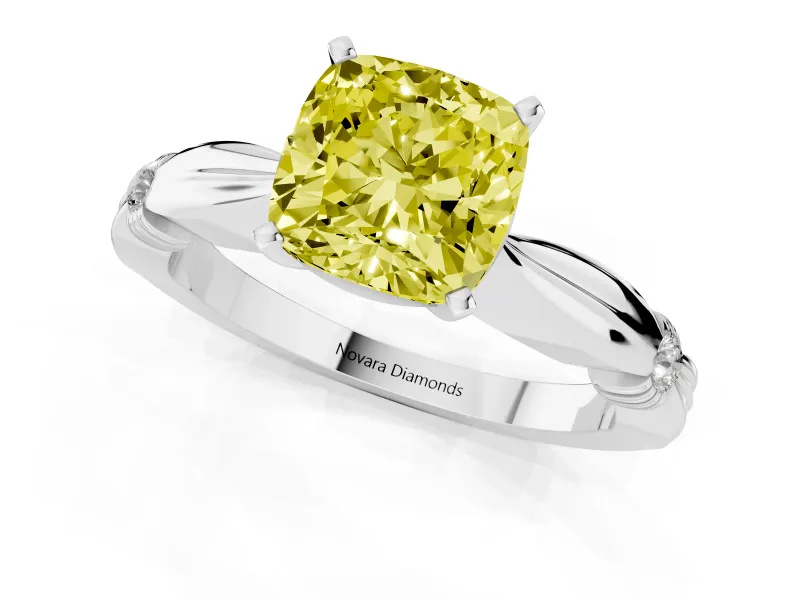 Fancy Yellow Cushion Cut Diamond Solitaire Twisted Band Ring Set in Silver with Accent Stones and Prong Setting