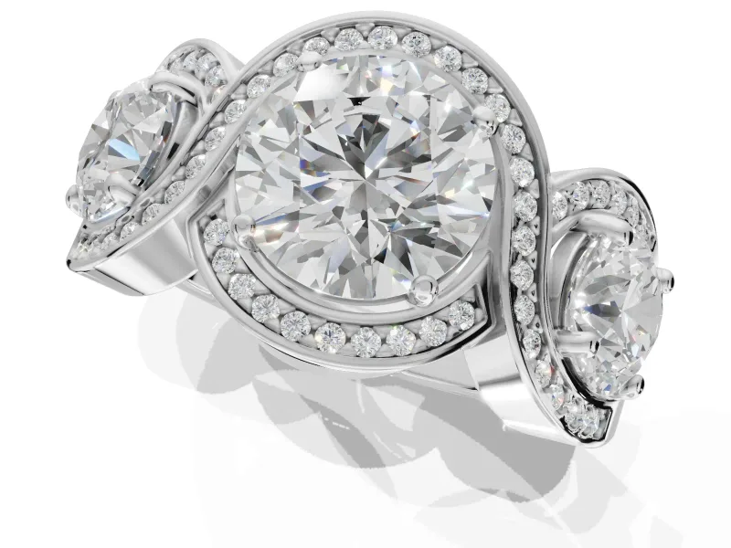 Round Three Stone Halo Engagement Ring Setting | Pavé Wave Band | Platinum
