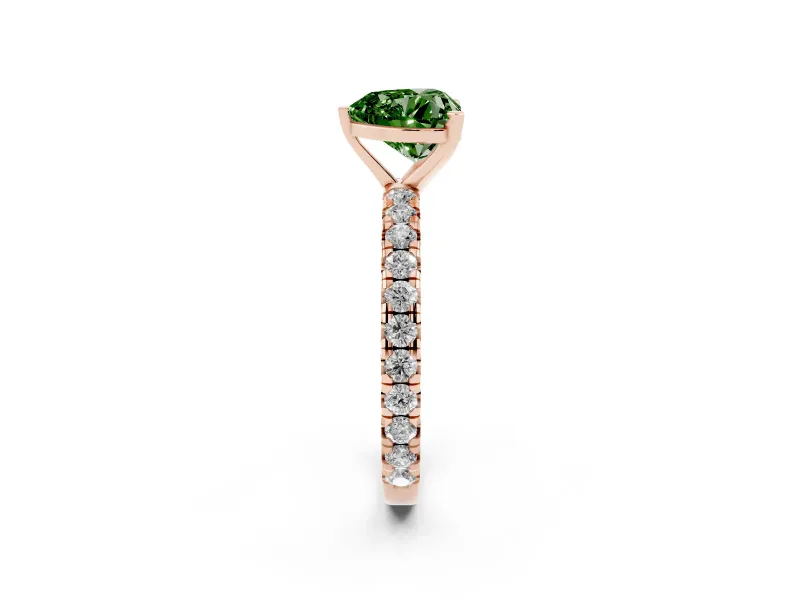 Fancy Green Heart Cut Diamond Pavé Solitaire Ring Set in Rose gold with Round Band and Prong Setting