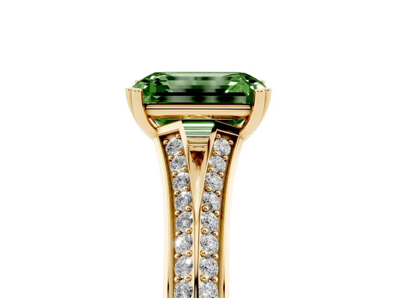 Emerald Cut Split Shank Engagement Ring Setting for a Fancy Green Lab-Grown Diamond | Pave Band | Yellow Gold