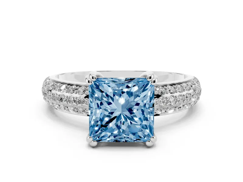 Fancy Blue Princess Cut Diamond Solitaire Ring Set in Silver with Multi-Row Round Pavé Band and Prong Setting
