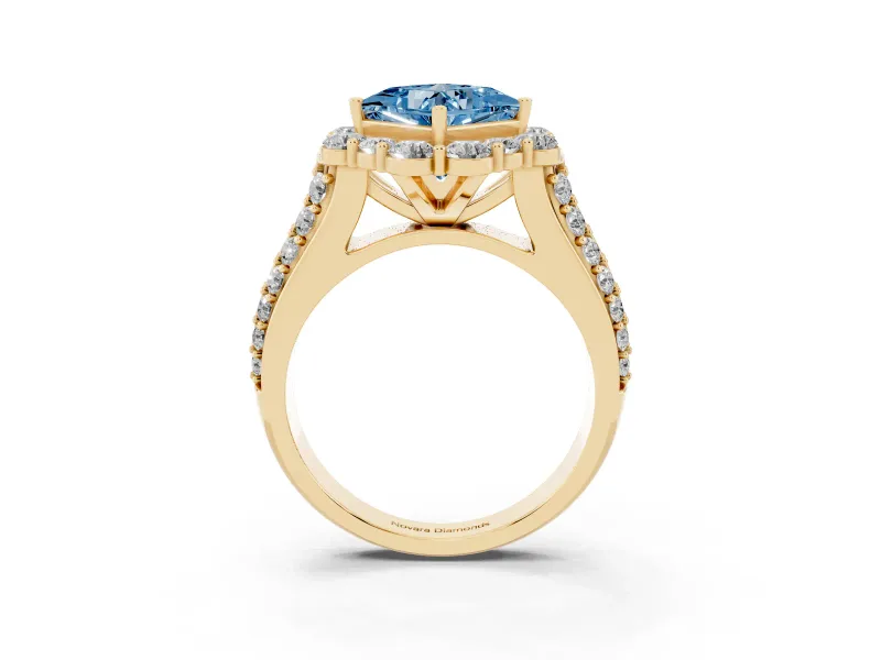 Fancy Blue Princess Cut Diamond Halo Engagement Ring Set in Yellow gold with Split Shank and Prong Setting