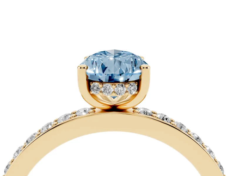 Fancy Blue Pear Cut Diamond Pavé Band Ring Set in Yellow gold with Prong-Set Center Stone