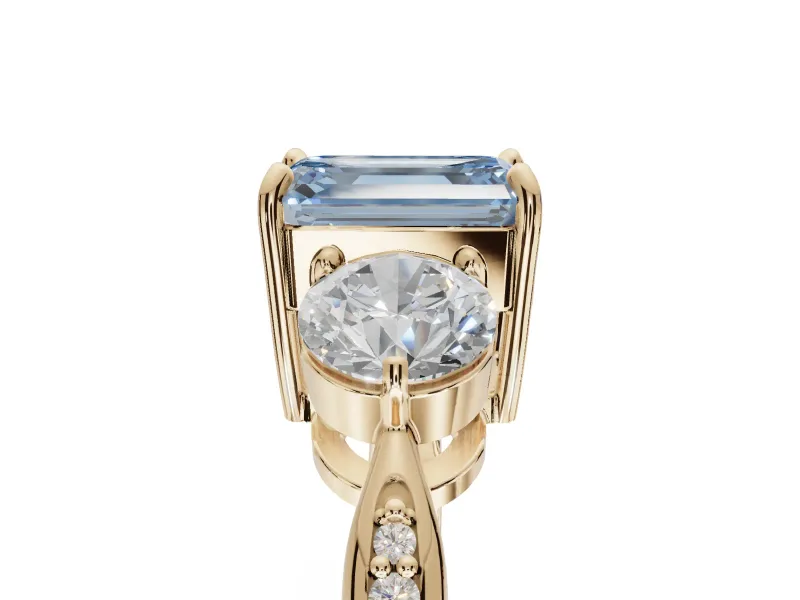 Emerald Cut Three Stone Engagement Ring Setting for a Fancy Blue Lab-Grown Diamond | Tapered Pave Band | Yellow Gold