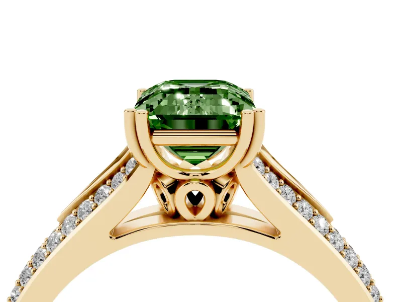 Emerald Cut Split Shank Engagement Ring Setting for a Fancy Green Lab-Grown Diamond | Pave Band | Yellow Gold