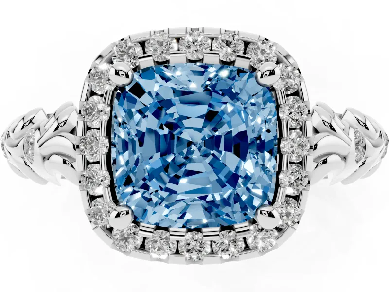Cushion Cut Leaf Halo Engagement Ring Setting for a Fancy Blue Lab-Grown Diamond | Bezel Accents | White Gold