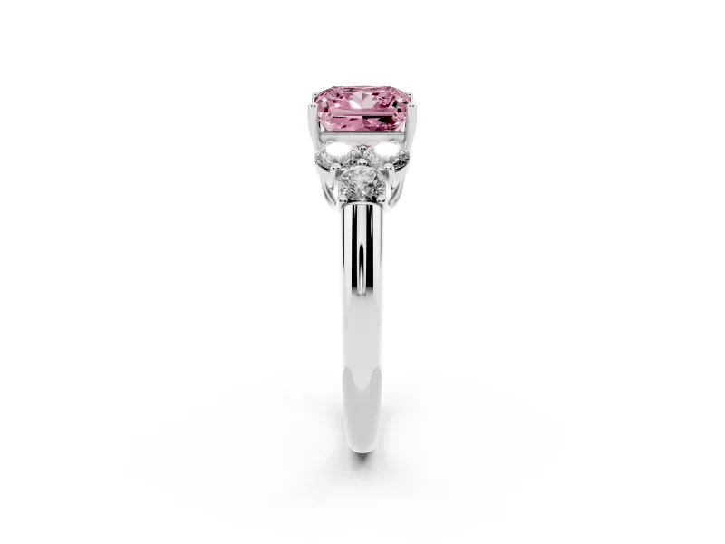 Fancy Pink Princess Cut Diamond Cluster Ring Set in Silver with Round Accent Stones and Prong Setting on a Plain Band