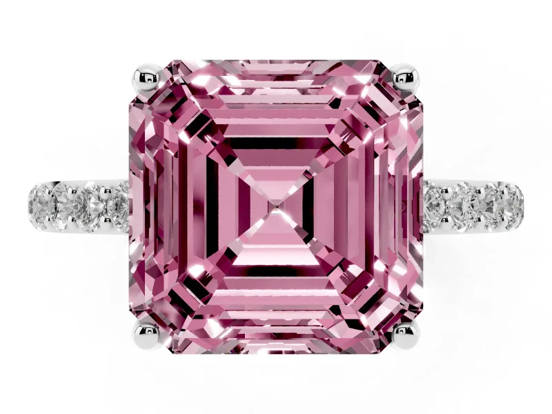 Fancy Pink Asscher Cut Diamond Solitaire Engagement Ring Set in Platinum with Round Pavé Band and Prong Setting