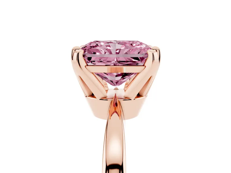 Fancy Pink Radiant Cut Diamond Solitaire Engagement Ring Set in Rose gold with Slim Tapered Solitaire Band