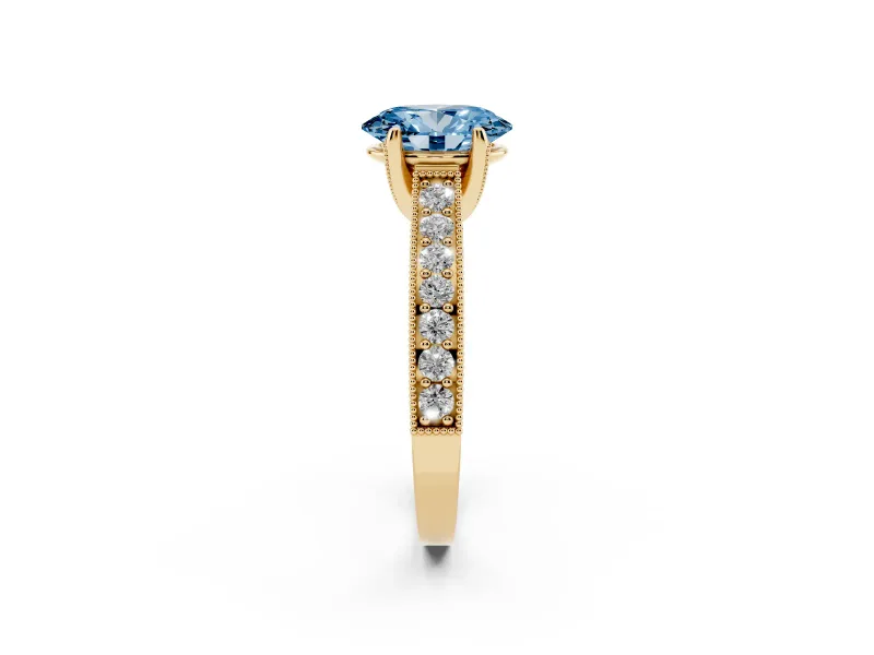 Oval Vintage Hidden Halo Engagement Ring Setting for a Fancy Blue Lab-Grown Diamond | Milgrain Pave Band | Yellow Gold