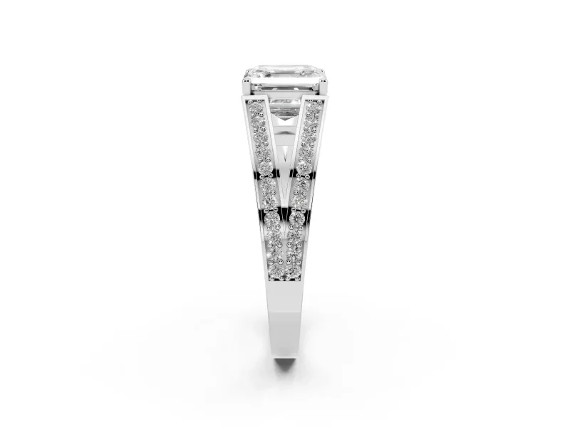 Asscher Cut Diamond Split Shank Ring Set in White gold with Pavé Band and Prong Setting