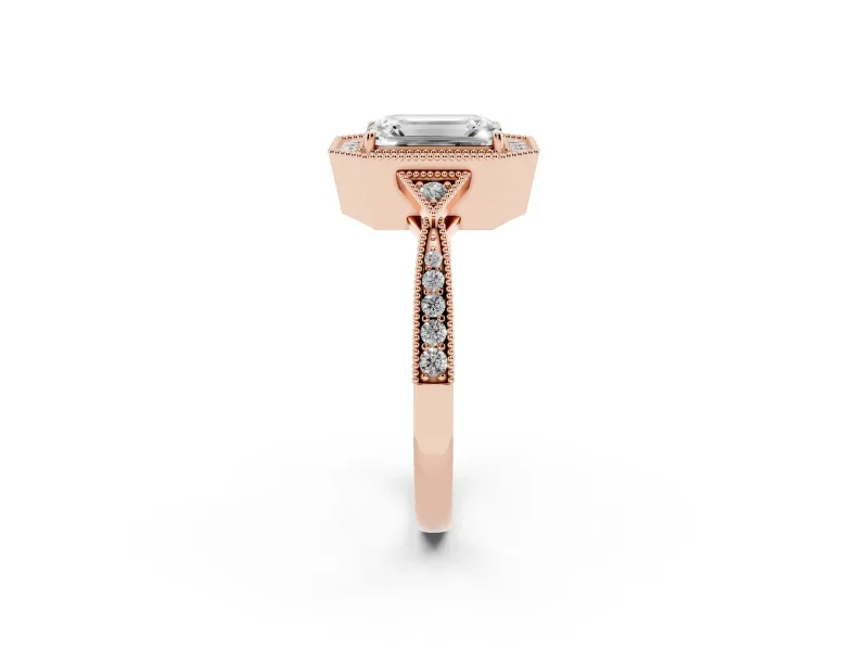 Emerald Cut Diamond Halo Engagement Ring Set in Rose gold with Milgrain Pavé Band
