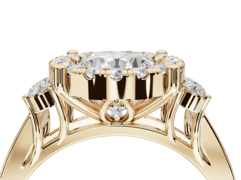 Round Halo Side Cluster Engagement Ring Setting | Graduated Channel Band | Yellow Gold