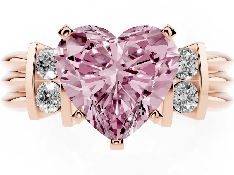 Fancy Pink Three-Stone Heart Cut Diamond Channel Set Ring Set in Rose gold with Bar Prongs