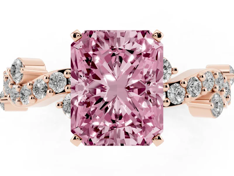Fancy Pink Radiant Cut Diamond Solitaire Twisted Band Set in Rose gold with Pavé Setting